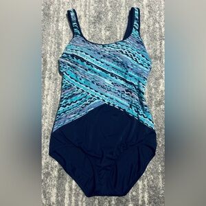 Lands End One Piece Swimsuit Sz 12 Blue Printed Tank Top Built In Bra Beach Pool